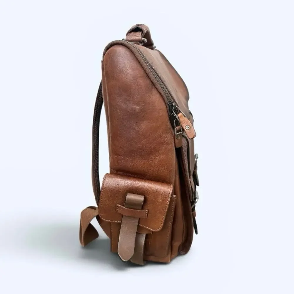 Velez Genuine Leather Archaeology Backpack Satchel Brown Multi-Pocket Laptop Bag